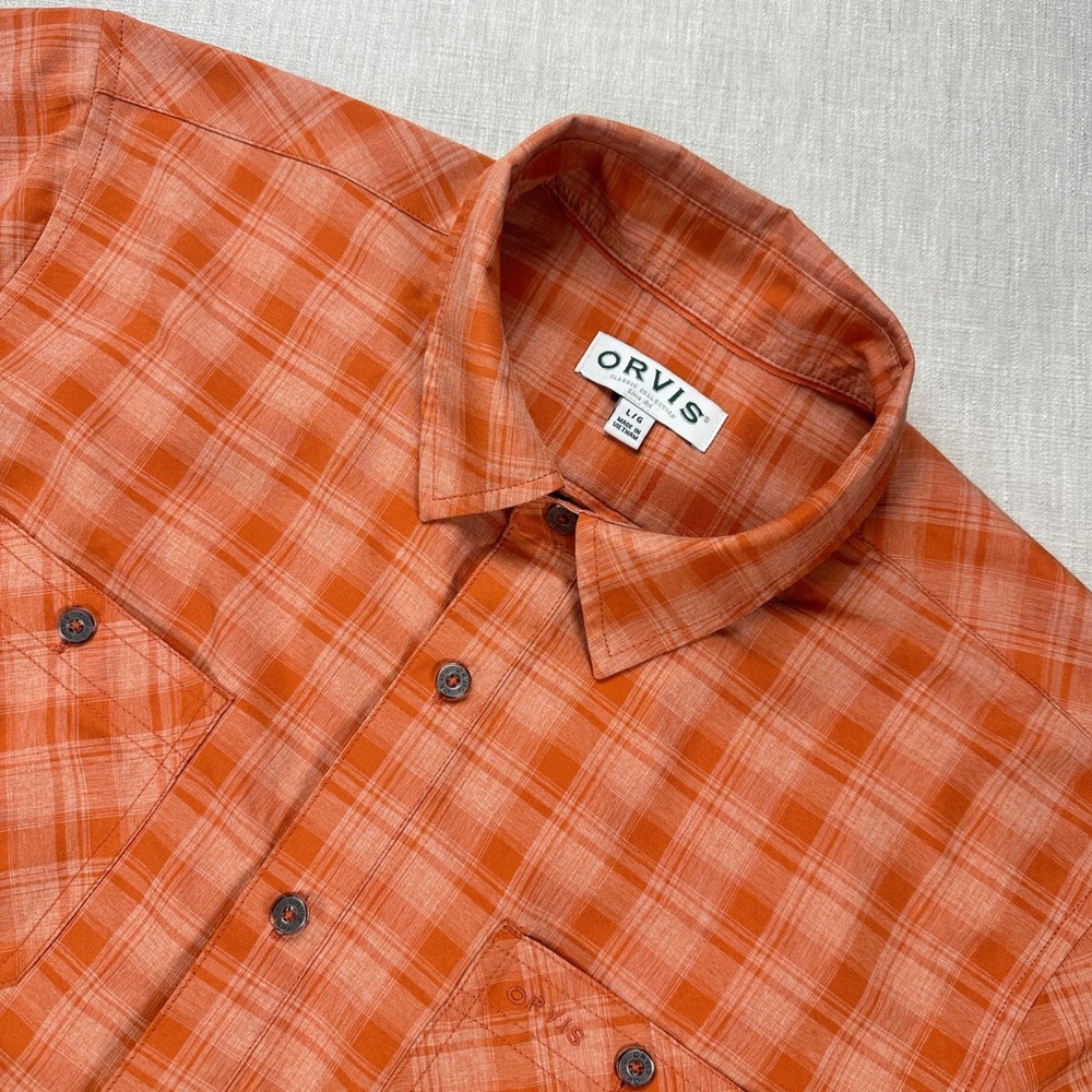 Orvis Classic Collection Button Up Short Sleeve Shirt Mens L Orange Plaid